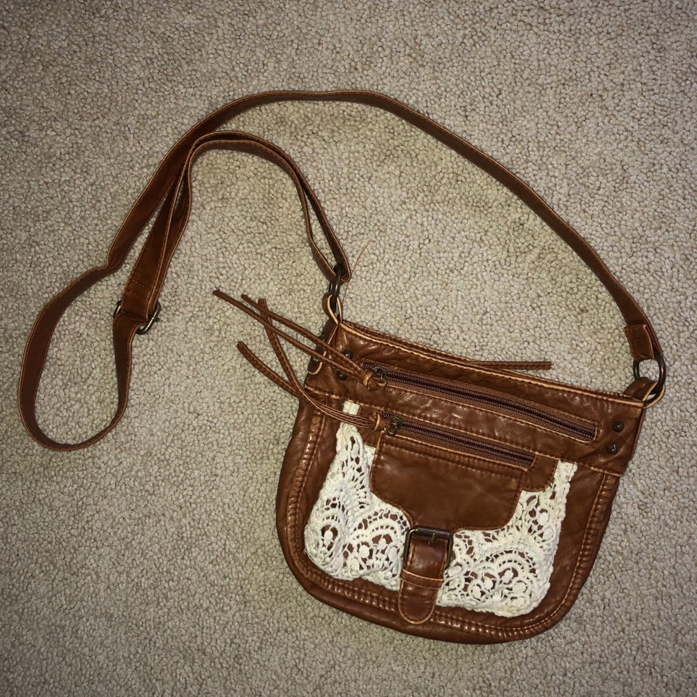 Brown and white lace crossbody purse